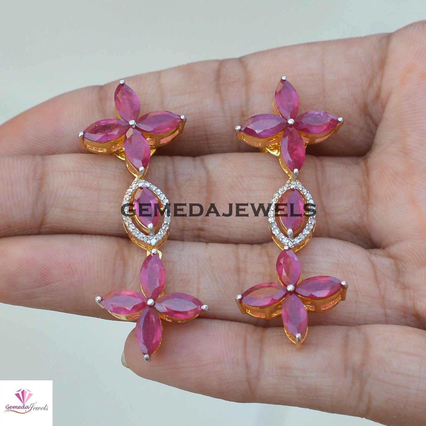 Sale!! Ruby Jewelry Set, Gemstone Flower Jewelry, Pave Diamond 22" Necklace, Earrings Necklace Jewelry Set, 925 Silver Jewelry, Gift For Her