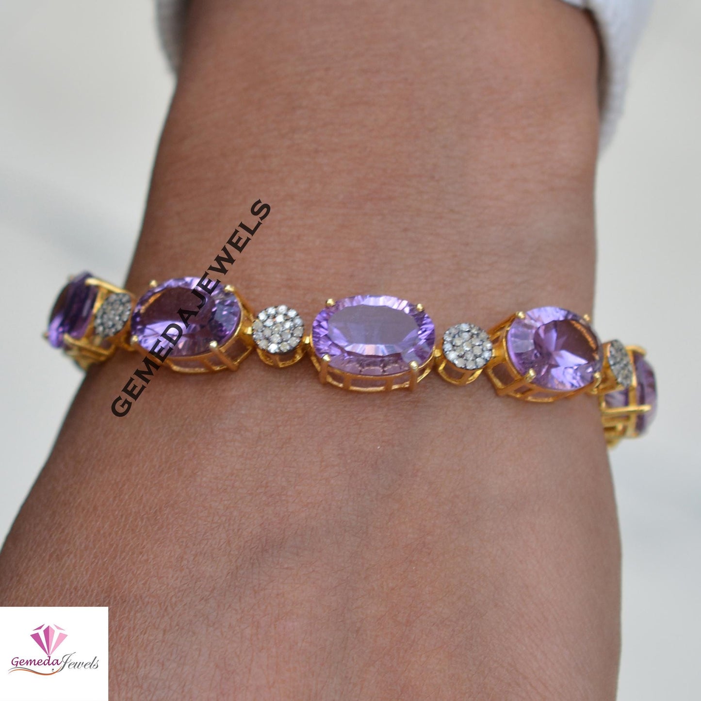 Charming Purple Amethyst Gemstone Bracelet, Pave Diamond Bracelet, 14k Gold Vermeil Jewelry, Solid 925 Silver Jewelry, Valentine's Day Gift