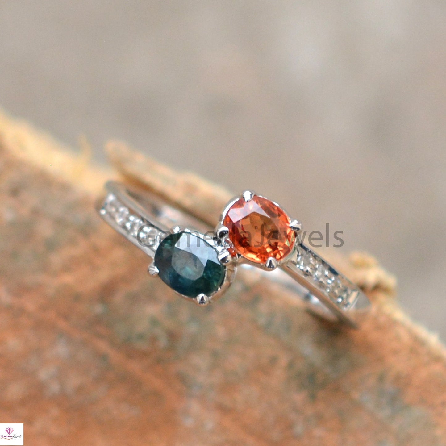 Genuine Blue Yellow Sapphire Ring, Oval Shape Faceted Gemstone Ring, Pave Diamond Silver Ring, Statement Ring, Valentine Day Gift For her