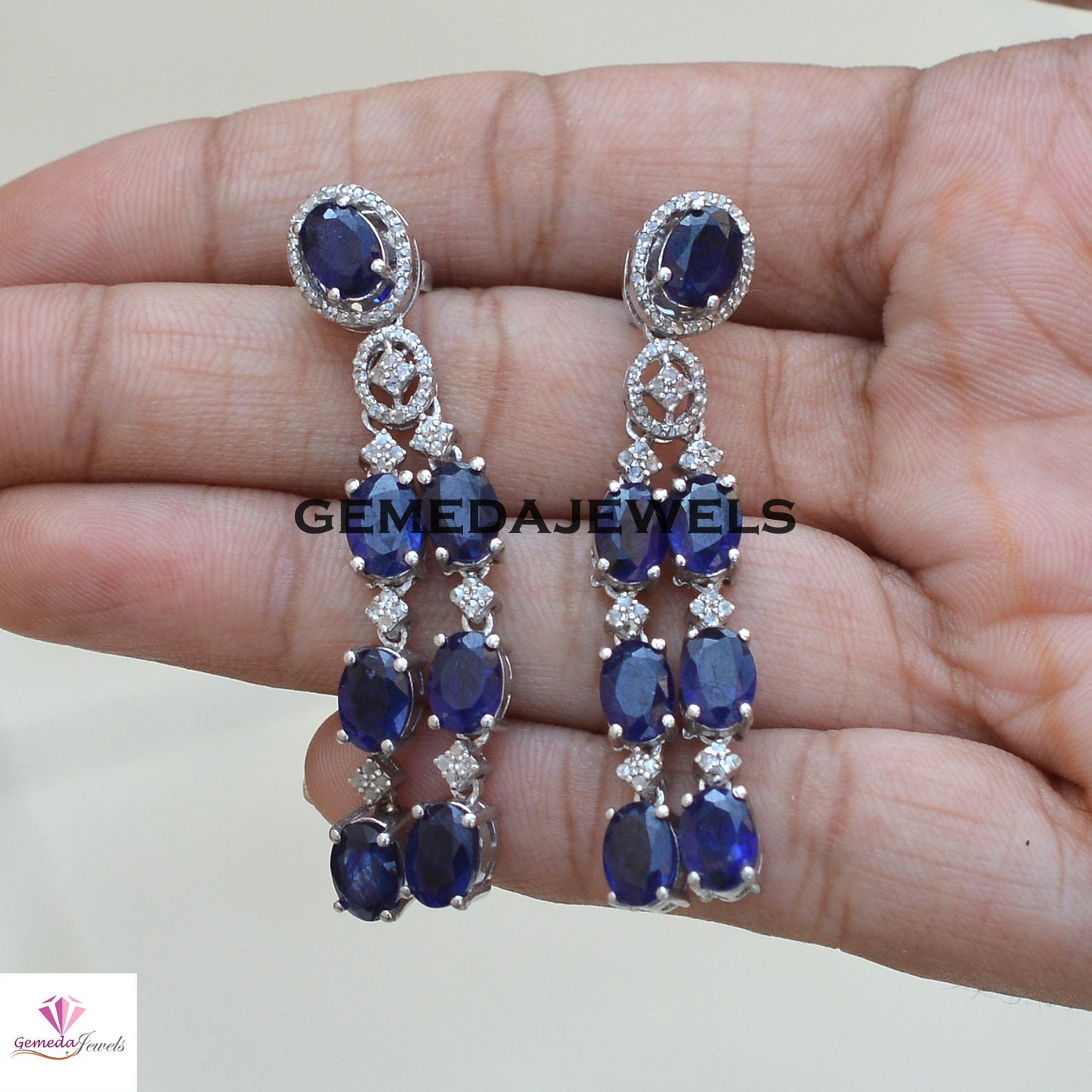 Sparkling Blue Sapphire Necklace, Sapphire Earrings Jewelry, Pave Diamond Jewelry Set, 925 Silver Jewelry, 19" Necklace Jewelry Gift For Her