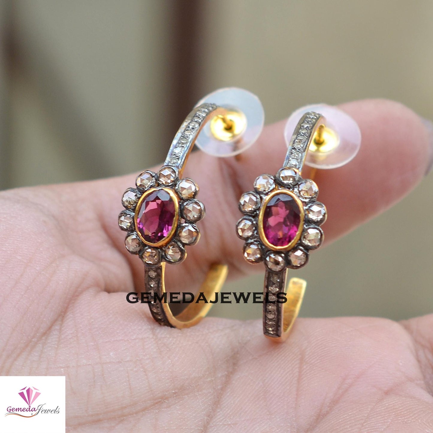 Natural Ruby Gemstone Stud Earrings, Tambuli Diamond Jewelry, Pave Diamond Earrings, Gold Vermeil 925 Silver Stud Jewelry, Valentine's Gift