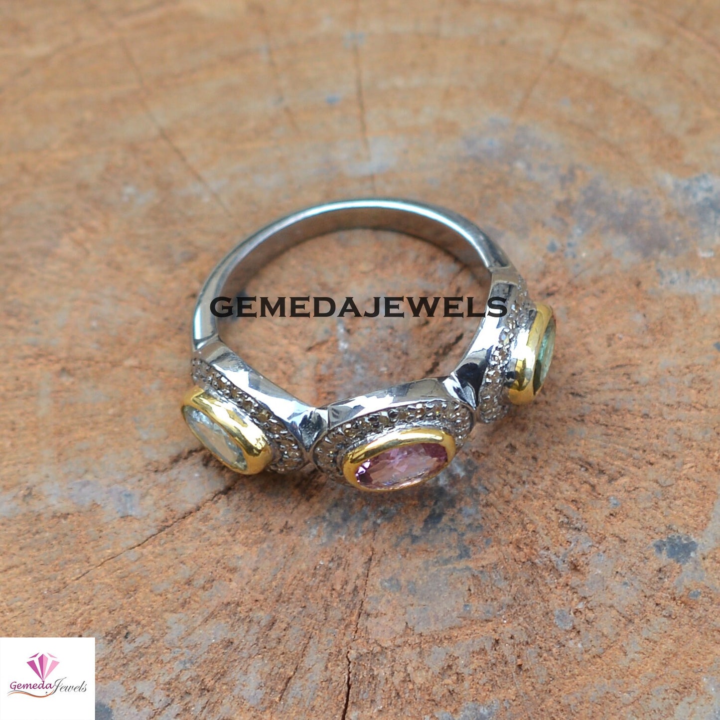 Multi Tourmaline Band Ring, Pave Diamond Ring, Gemstone Silver Jewelry, 925 Silver Ring, Tourmaline Gemstone Jewelry, Minimalist Jewelry