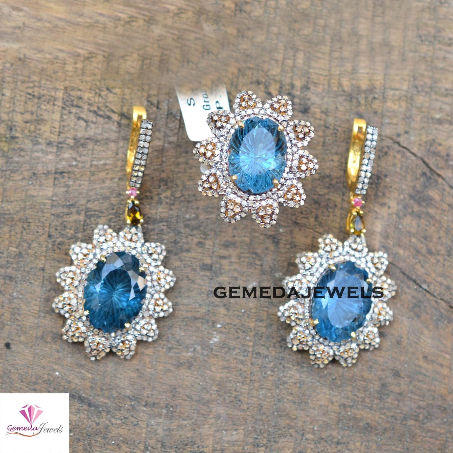 Blue Topaz Earrings, Pave Diamond Flower Earrings, 925 Silver Jewelry, Gemstone Diamond Ring Earrings JEWELLERY SET, Gold Vermeil Jewelry