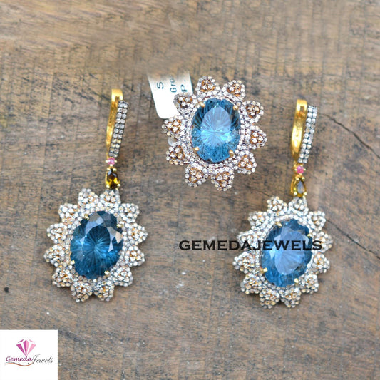 Blue Topaz Earrings, Pave Diamond Flower Earrings, 925 Silver Jewelry, Gemstone Diamond Ring Earrings JEWELLERY SET, Gold Vermeil Jewelry
