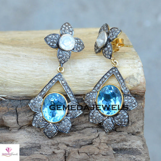 Blue Topaz Earrings, Polki Diamond Earrings, Pave Diamond Earring Jewelry, Flower Gemstone Jewelry, 925 Silver Earrings, Wedding Jewelry