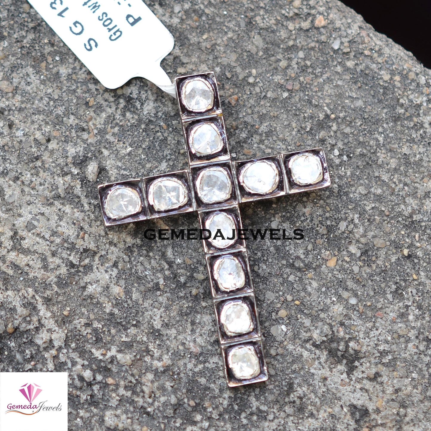 Sale!! Polki Diamond Cross Pendant, 925 Sterling Silver Jewelry, Gray Rhodium Plated Pendant, 16" Link Chain Necklace, Religious Jewelry