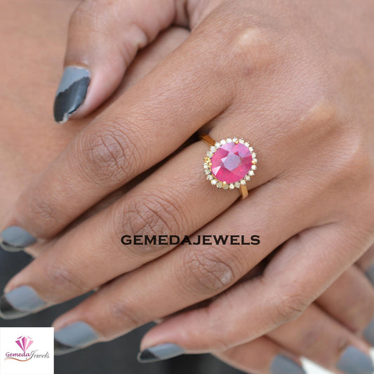 Gorgeous Real Ruby Gemstone Ring, Solid 925 Silver Jewelry, Pave Diamond Ring, 14k Gold Vermeil Jewelry, Gift For Her, Wedding Gift Jewelry