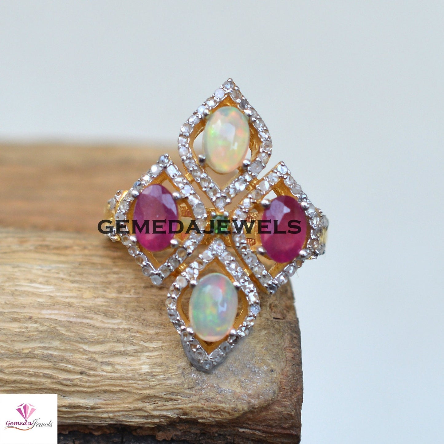 Opal Gemstone Ring, Ruby Silver Ring, Pave Diamond Jewelry, Sterling Silver Jewelry, Gemstone Diamond Ring, 14k Vermeil Plated Jewelry, Gift