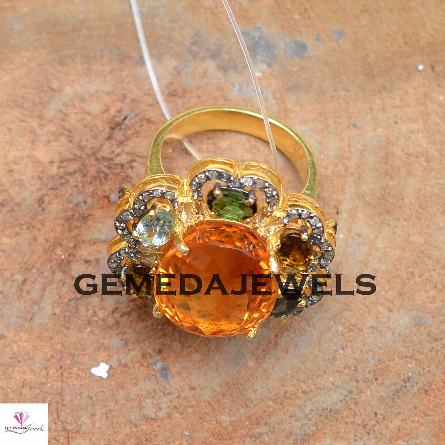 Gorgeous Citrine Silver Ring, Multi Gemstone Jewelry, 925 Silver Ring, Pave Diamond Jewelry, Yellow Gold Vermeil Ring, Gift For Anniversary