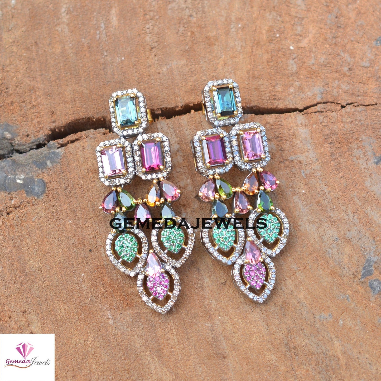 Multi Tourmaline Earrings, Ruby Earring, Emerald Diamond Silver Jewelry, 925 Silver Earrings, Gold Vermeil Earrings, Wedding Gift Jewelry