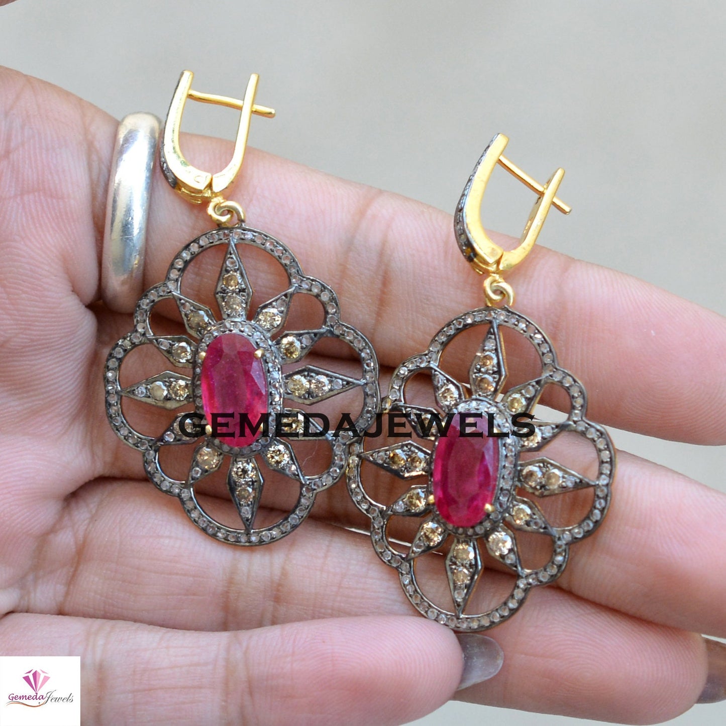 Ruby Flower Earrings, Pave Diamond Earring, 14k Gold Vermeil Jewelry, 925 Silver Earrings, Gemstone Silver Earrings, Wedding Gifts Jewelry