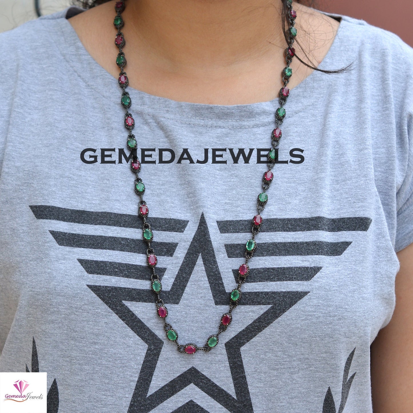 Sale!! Emerald Necklace, Black Spinel Long Necklace, Ruby Gemstone Jewelry, 925 Silver Jewelry, Gemstone Necklace Jewelry, 26" Necklace Gift