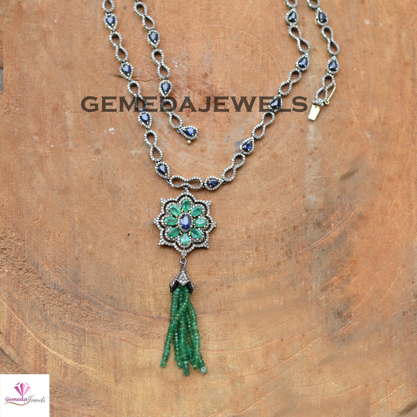 Genuine Sapphire Necklace, Emerald Beads Gemstone Necklace, Yellow Vermeil 925 Silver Jewelry, Pave Diamond Necklace, 26" Pendant Necklace