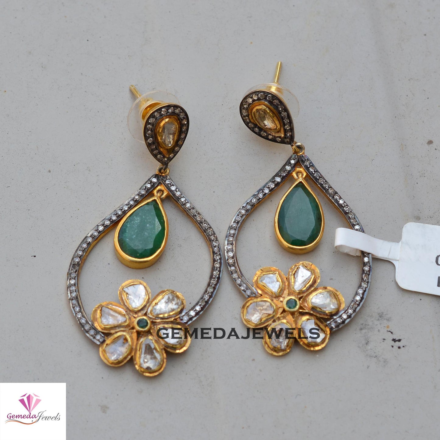 Gorgeous Emerald Earrings, Polki Diamond Flower Earring, Pave Diamond Jewelry, 925 Silver Earrings, Gold Vermeil Jewelry, Women's Jewelry