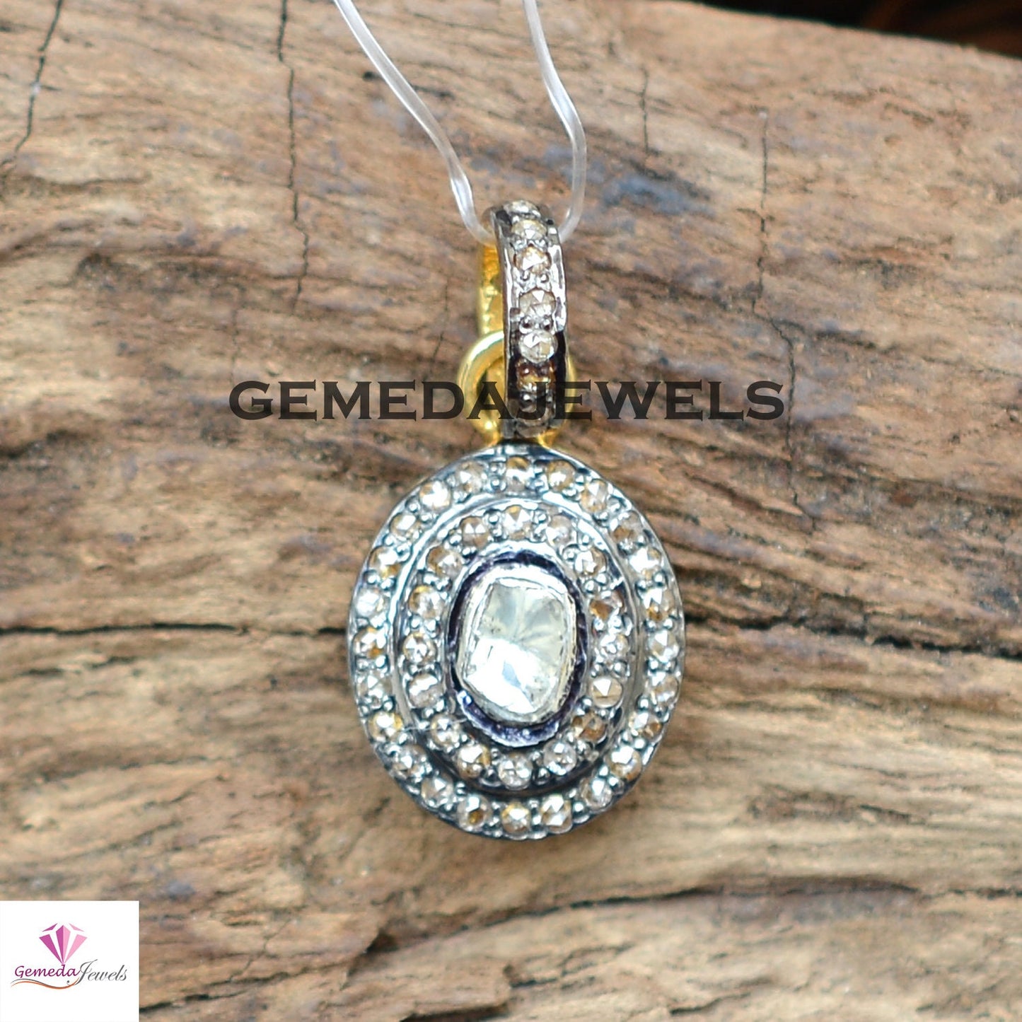 Oval Shape Polki Diamond Pendant, 925 Sterling Silver Pave Jewelry, 14k Gold Plated Jewelry, 16" Silver Link Chain Pendant Necklace, Gift