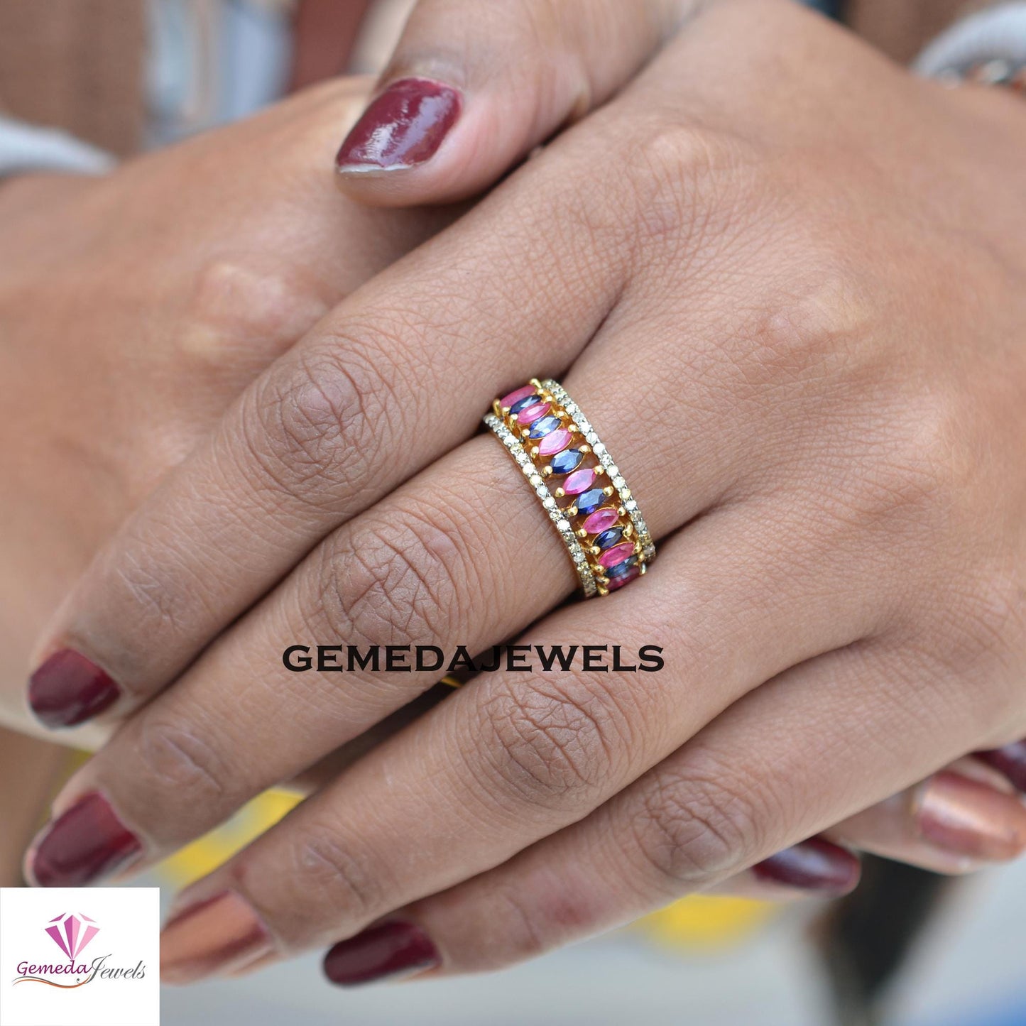 Sale! Natural Ruby Gemstone Ring, Sapphire Gemstone Jewelry, 14k Gold Plated Jewelry, 925 Silver Ring, TWO IN ONE Band Ring, Gift For Her