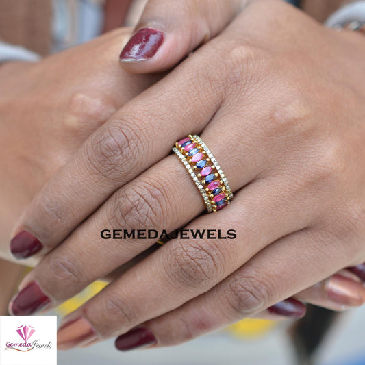 Sale! Natural Ruby Gemstone Ring, Sapphire Gemstone Jewelry, 14k Gold Plated Jewelry, 925 Silver Ring, TWO IN ONE Band Ring, Gift For Her