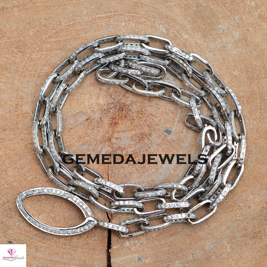 Sale Real Pave Diamond Link Chain Necklace, Solid 925 Silver Necklace, Diamond Silver Jewelry, 24" Long Necklace Chain, Unisex Jewelry, Gift