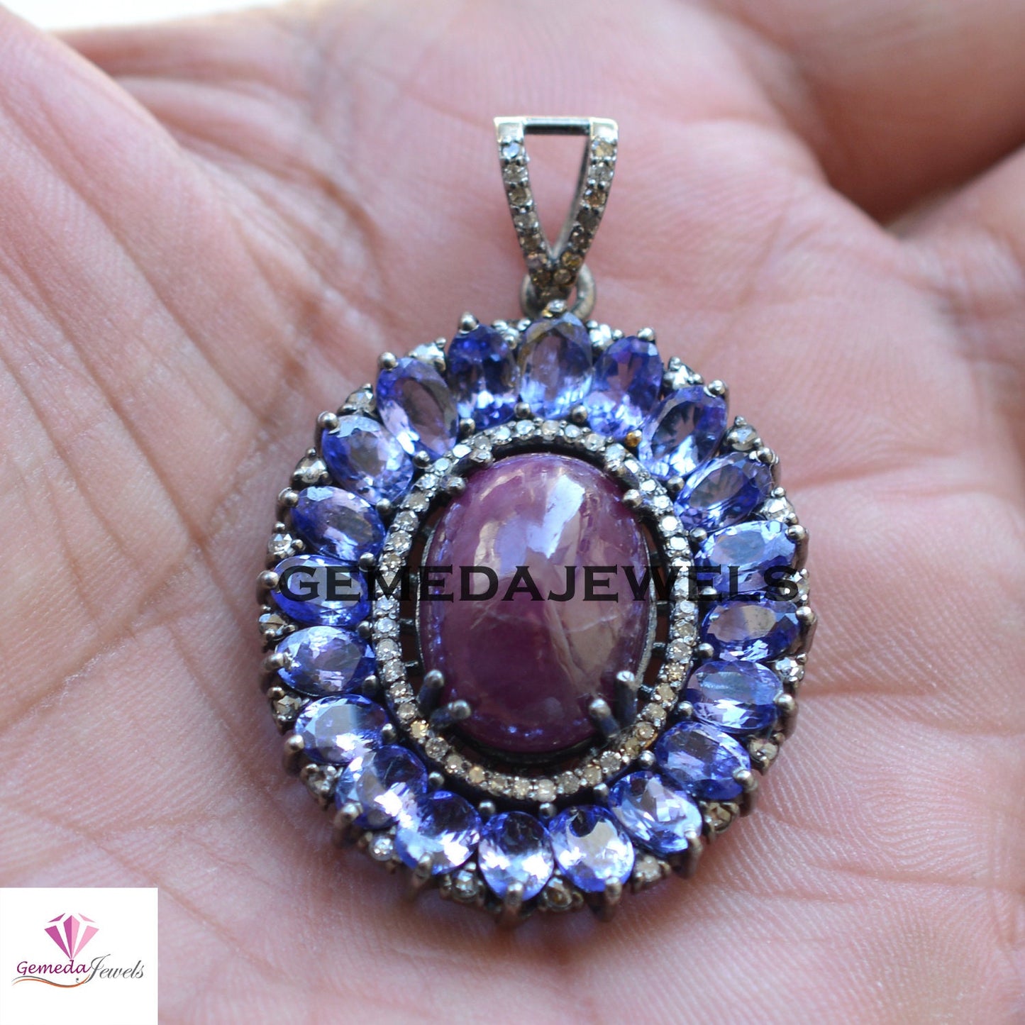 Ruby Gemstone Pendant, 925 Silver Jewelry, Pave Diamond Pendant Jewelry, Sapphire Gemstone Jewelry, 16" Silver Link Chain Necklace, Gifts