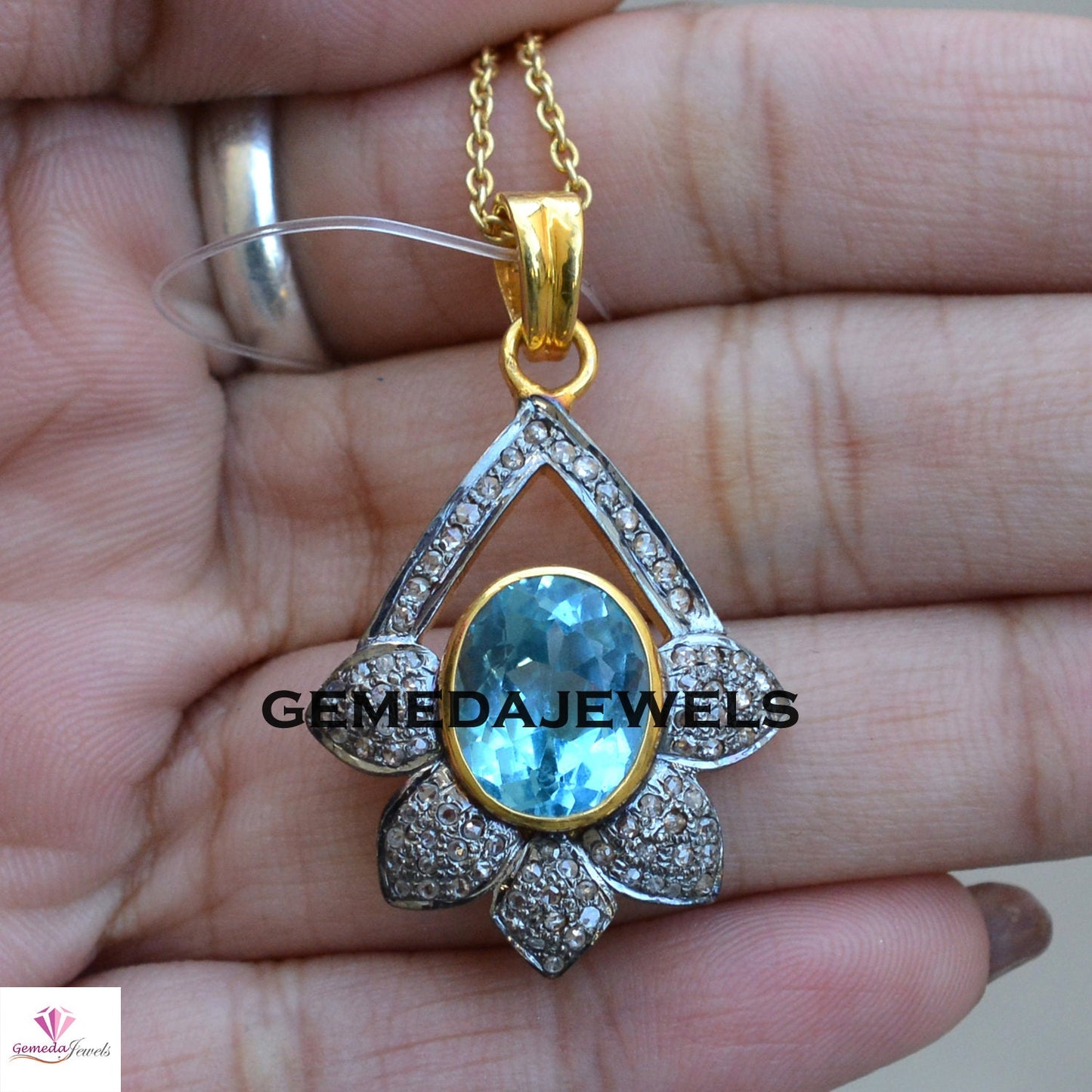 Blue Topaz Pendant, 925 Silver Jewelry, Gold Filled Pendant, Diamond Pendant Necklace, 16" Chain Necklace, Gemstone Flower Pendant, Gifts