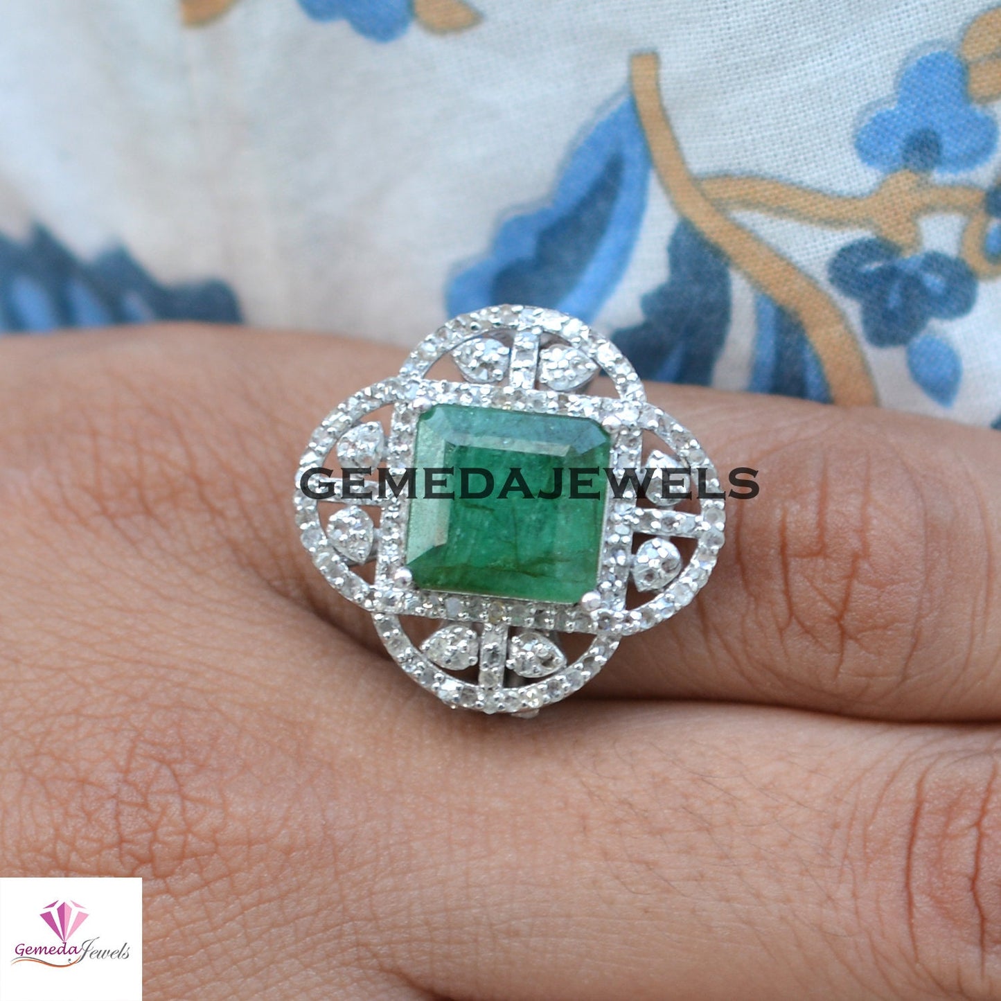 Emerald Gemstone Ring, Pave Diamond Jewelry, Diamond 925 Silver Ring, Sterling Silver Jewelry, Gemstone Diamond Ring, Wedding Gift Jewelry