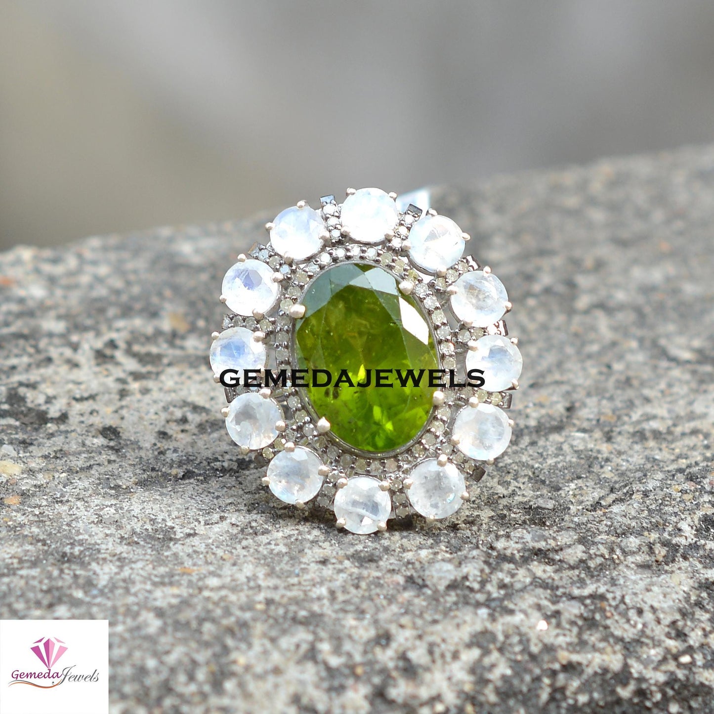 Sale! Green Peridot Gemstone Ring, Moonstone 925 Silver Ring, Pave Diamond Jewelry, Gemstone Diamond Ring, Flower Ring Jewelry, Gift For Her