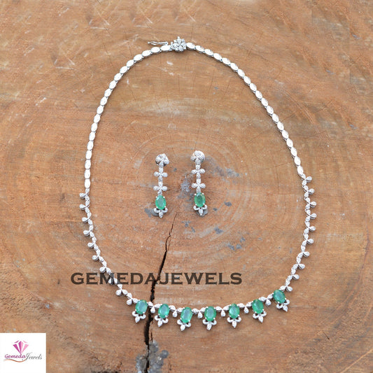 Beautiful Emerald Necklace, Pave Diamond Jewelry, Emerald Necklace Earrings Jewelry Set, 925 Silver Jewelry, 18" Necklace Earrings Set, Gift