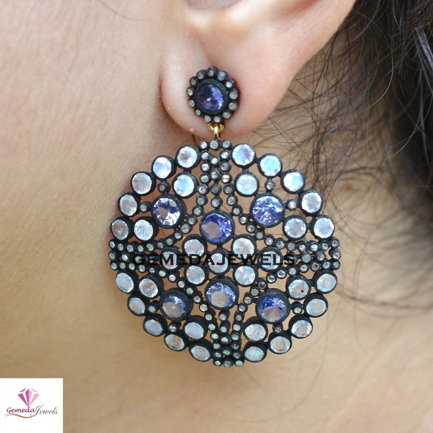 Genuine Tanzanite Earrings, Moonstone Earrings Jewelry, Gemstone Diamond Earring, 925 Silver Jewelry, Rhodium Plated Earrings, Gift For Her