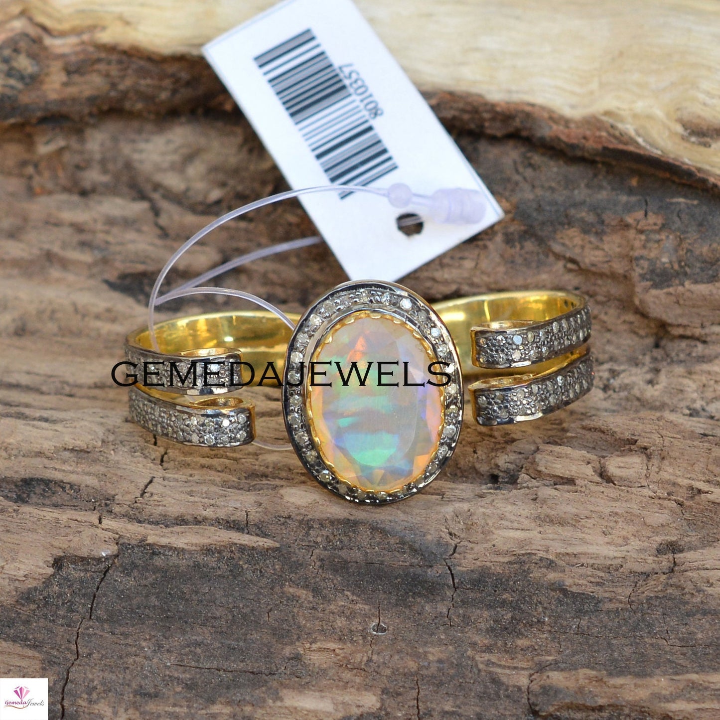 Genuine Opal Gemstone Ring, 925 Silver Gold Vermeil Jewelry, Pave Diamond Jewelry, Gemstone Silver Ring, Two Finger Ring, Anniversary Gift