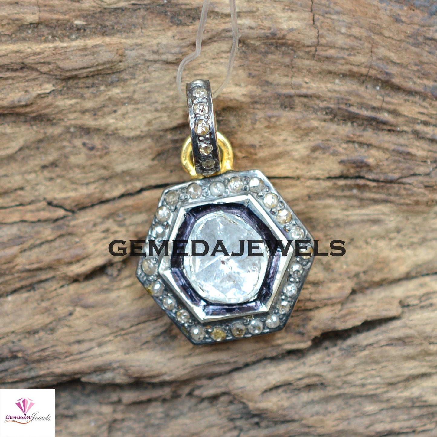 Sale! Rose Cut Polki Diamond Pendant, Yellow Vermeil 925 Silver Pendant, 16" Silver Link Chain Pendant, Hexagon Shape Jewelry, Gift For her