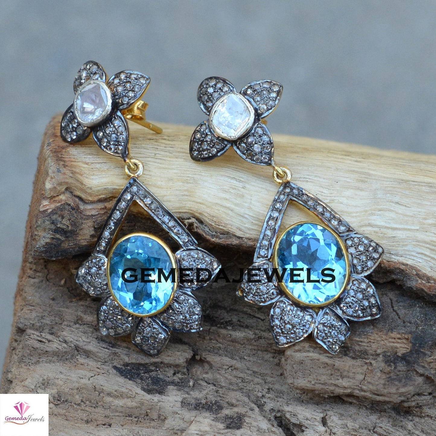 Blue Topaz Earrings, Polki Diamond Earrings, Pave Diamond Earring Jewelry, Flower Gemstone Jewelry, 925 Silver Earrings, Wedding Jewelry