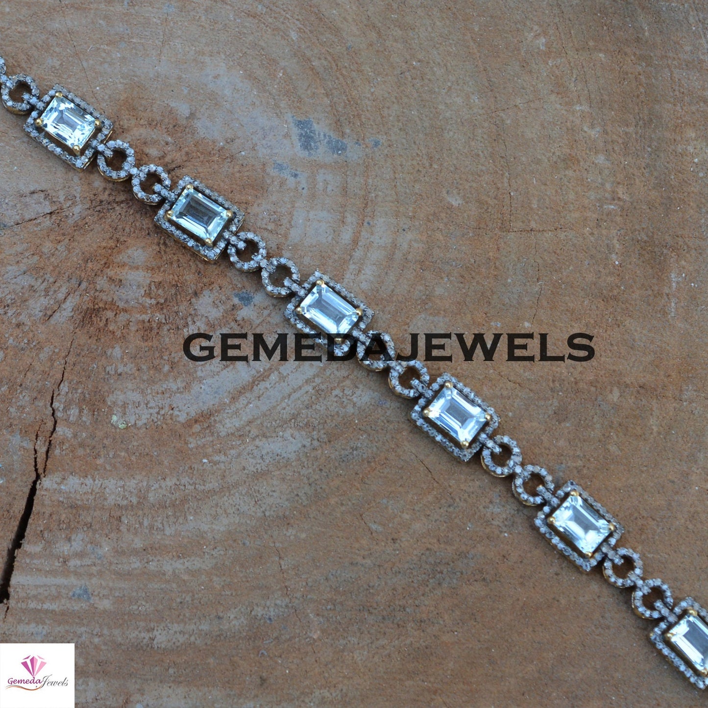 Blue Topaz Bracelet, Pave Diamond Silver Bracelet, Gemstone Diamond Jewelry, 925 Silver Jewelry, Gemstone Link Bracelet, Wedding Jewelry