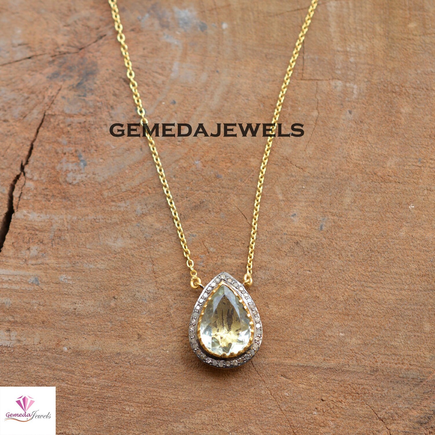 Sale! Lemon Topaz Pendant, Pave Diamond Pendant, 925 Silver Jewelry, 14k Gold Vermeil Jewelry, 18" Silver Link Necklace, Gemstone Jewelry