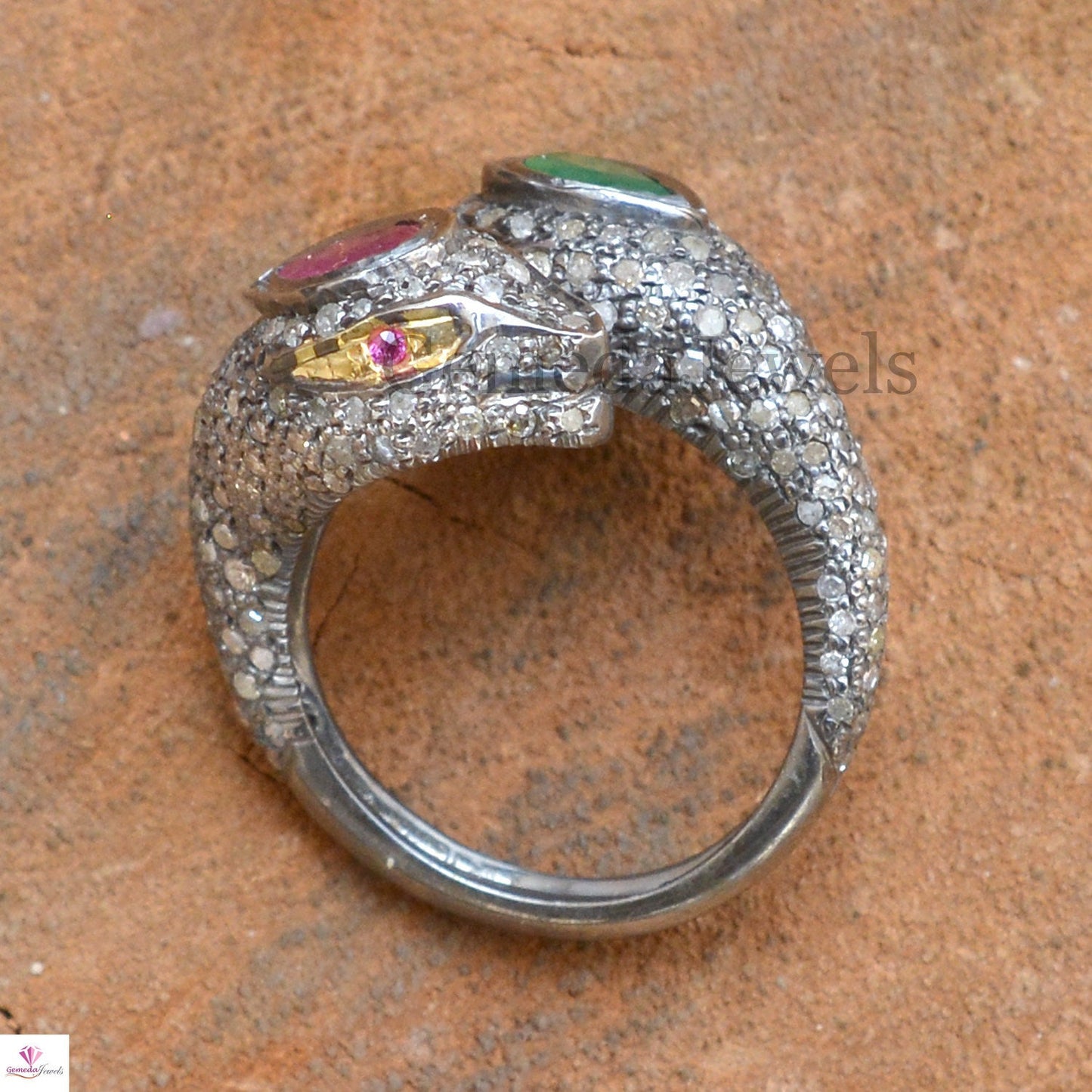 Sale! Natural Ruby Emerald Snake Ring, Pave Setting Diamond Jewelry, Red Eyes Diamond Silver Snake Jewelry, Gemstone Ring, Jewelry For Women