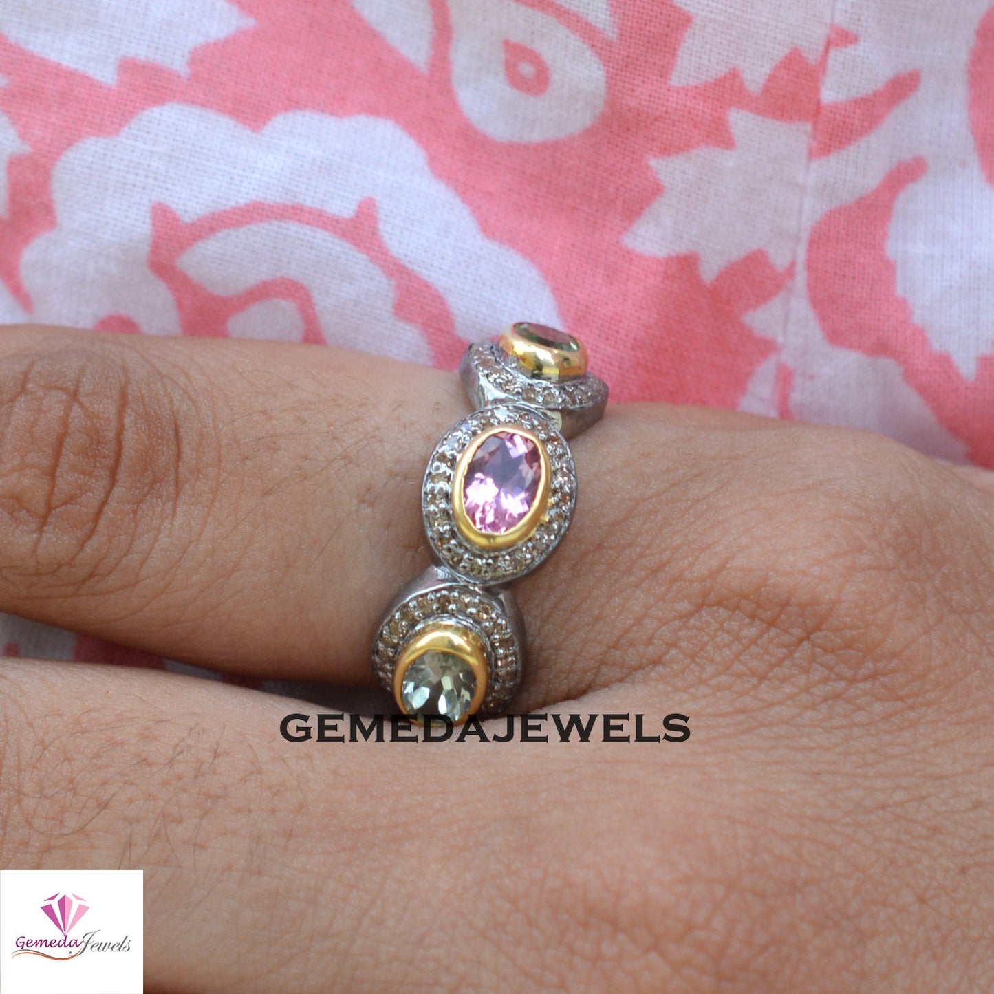 Multi Tourmaline Band Ring, Pave Diamond Ring, Gemstone Silver Jewelry, 925 Silver Ring, Tourmaline Gemstone Jewelry, Minimalist Jewelry