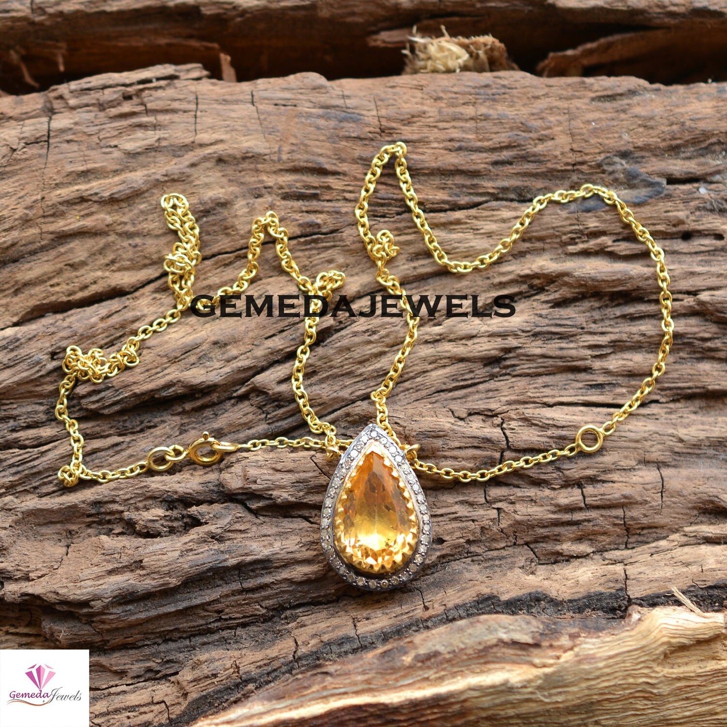 Citrine Charm Pendant, Pave Diamond Jewelry, 925 Silver Jewelry, 14k Gold Plated 18" Link Chain Necklace, Gemstone Jewelry, Gift For her