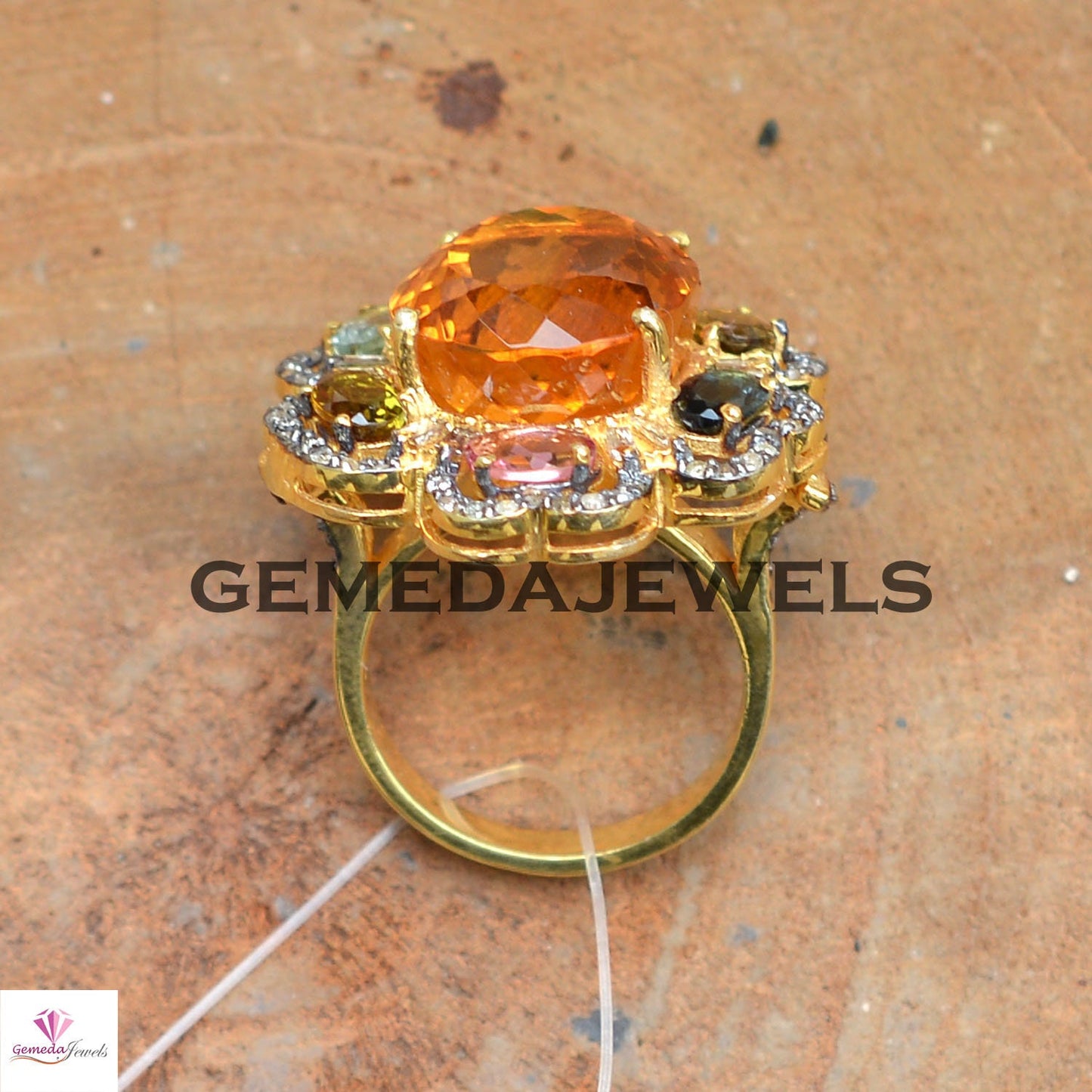 Gorgeous Citrine Silver Ring, Multi Gemstone Jewelry, 925 Silver Ring, Pave Diamond Jewelry, Yellow Gold Vermeil Ring, Gift For Anniversary