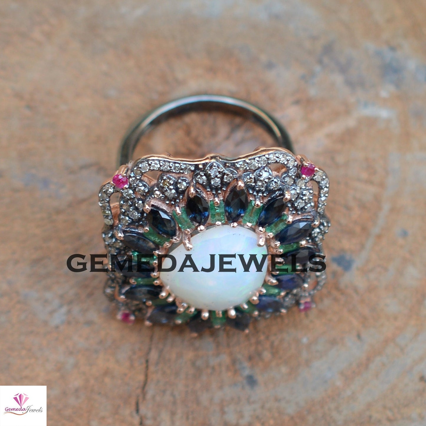 Genuine Opal Gemstone Ring, Sapphire Diamond Ring, Emerald Gemstone Jewelry, Pave Diamond Jewelry, Rose Gold Plated Ring, 925 Silver Jewelry