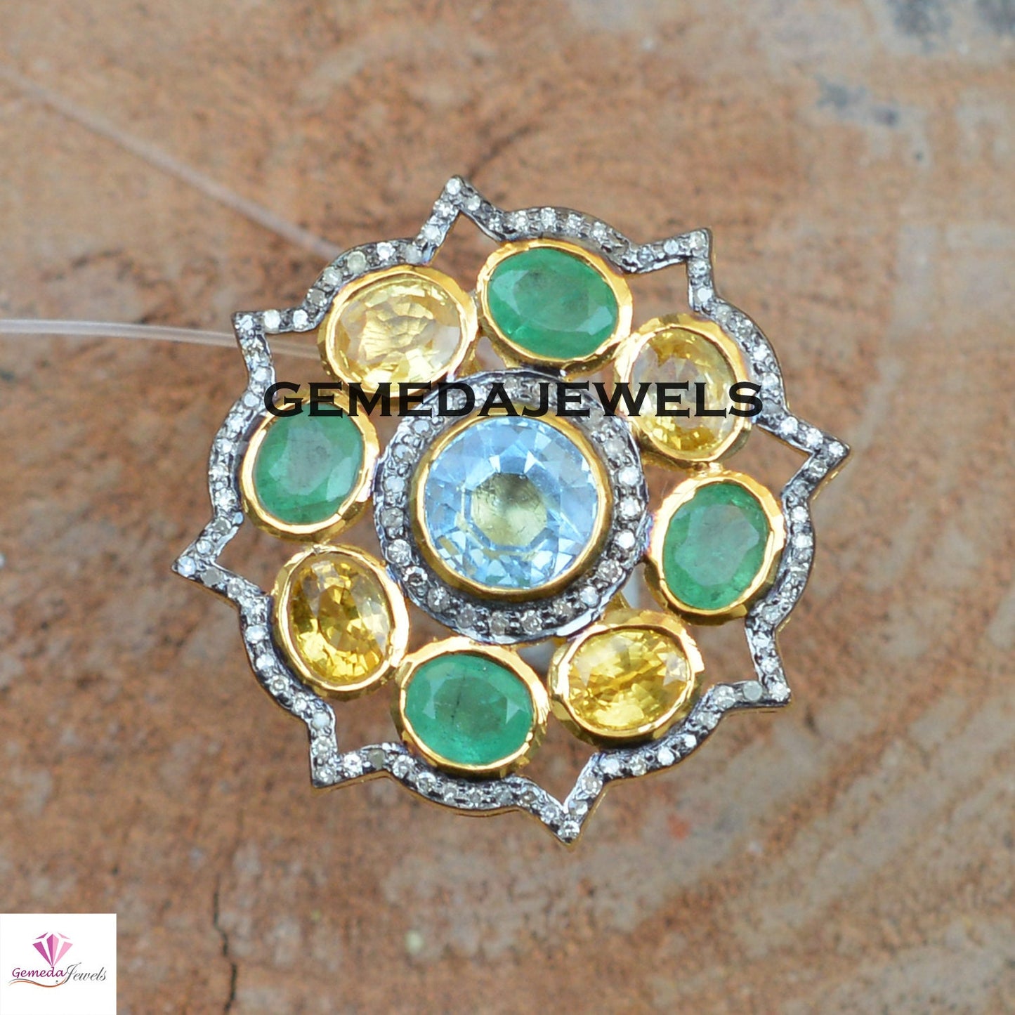 Blue Topaz Ring, Emerald Gemstone Ring, Citrine Ring, Pave Diamond Jewelry, 925 Silver Flower Ring, 14k Gold Vermeil Jewelry, Wedding Gifts