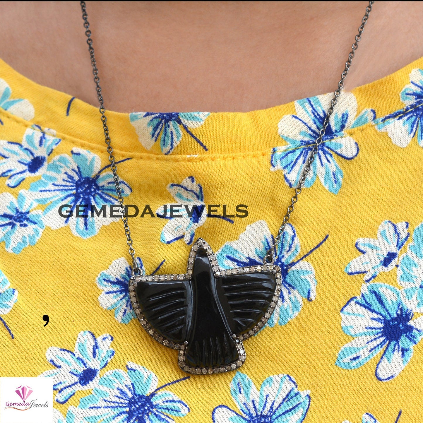 Sale! Black Onyx Hummingbird Gemstone Pendant, 925 Silver 18" Link Chain Pendant Necklace, Pave Diamond Jewelry, Bird Pendant Jewelry, Gift