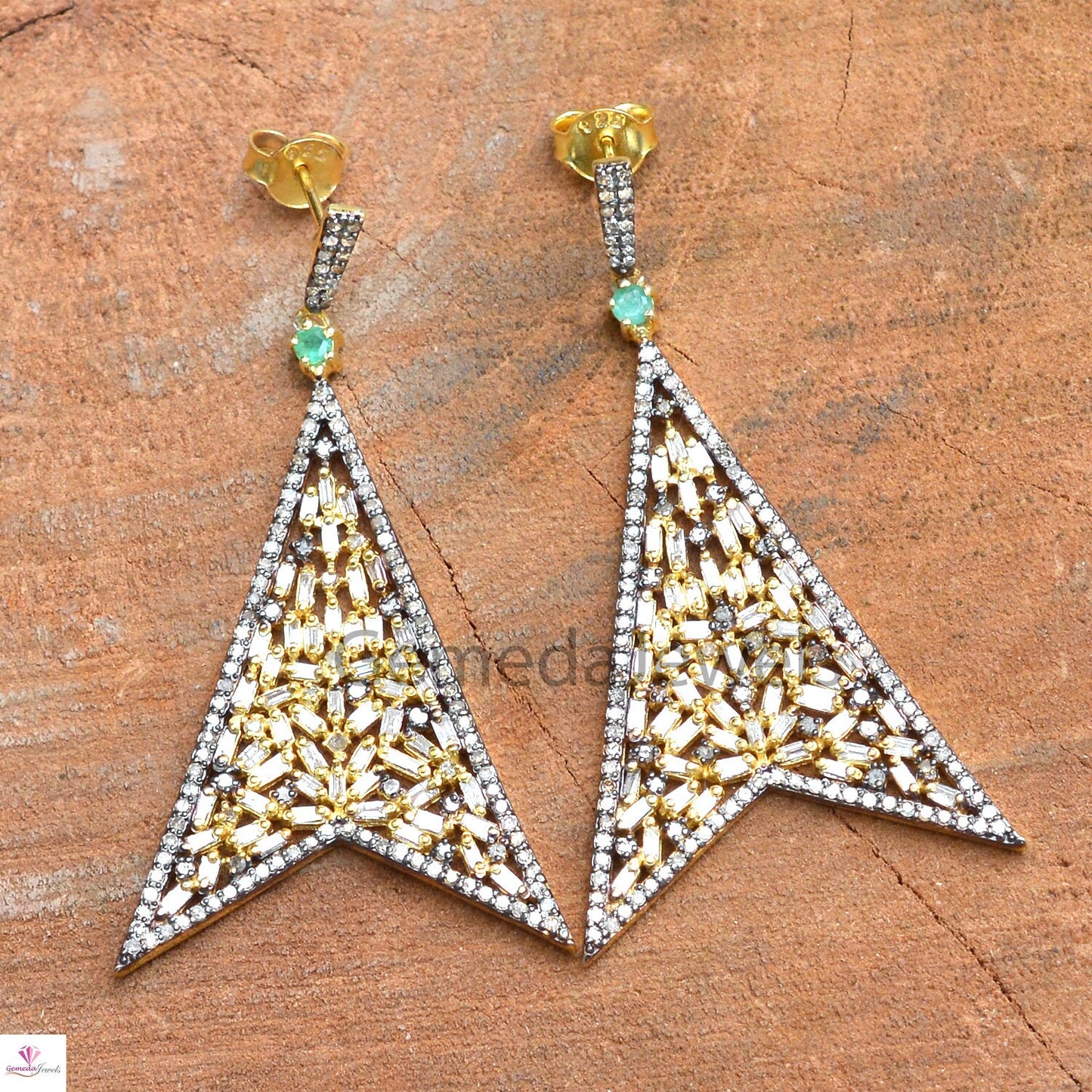 Sale! Baguette Diamond Earrings, Pave Diamond Jewelry, Emerald Gemstone Earring, 14K Gold Vermeil Earrings, 925 Silver Jewelry, Gift For her