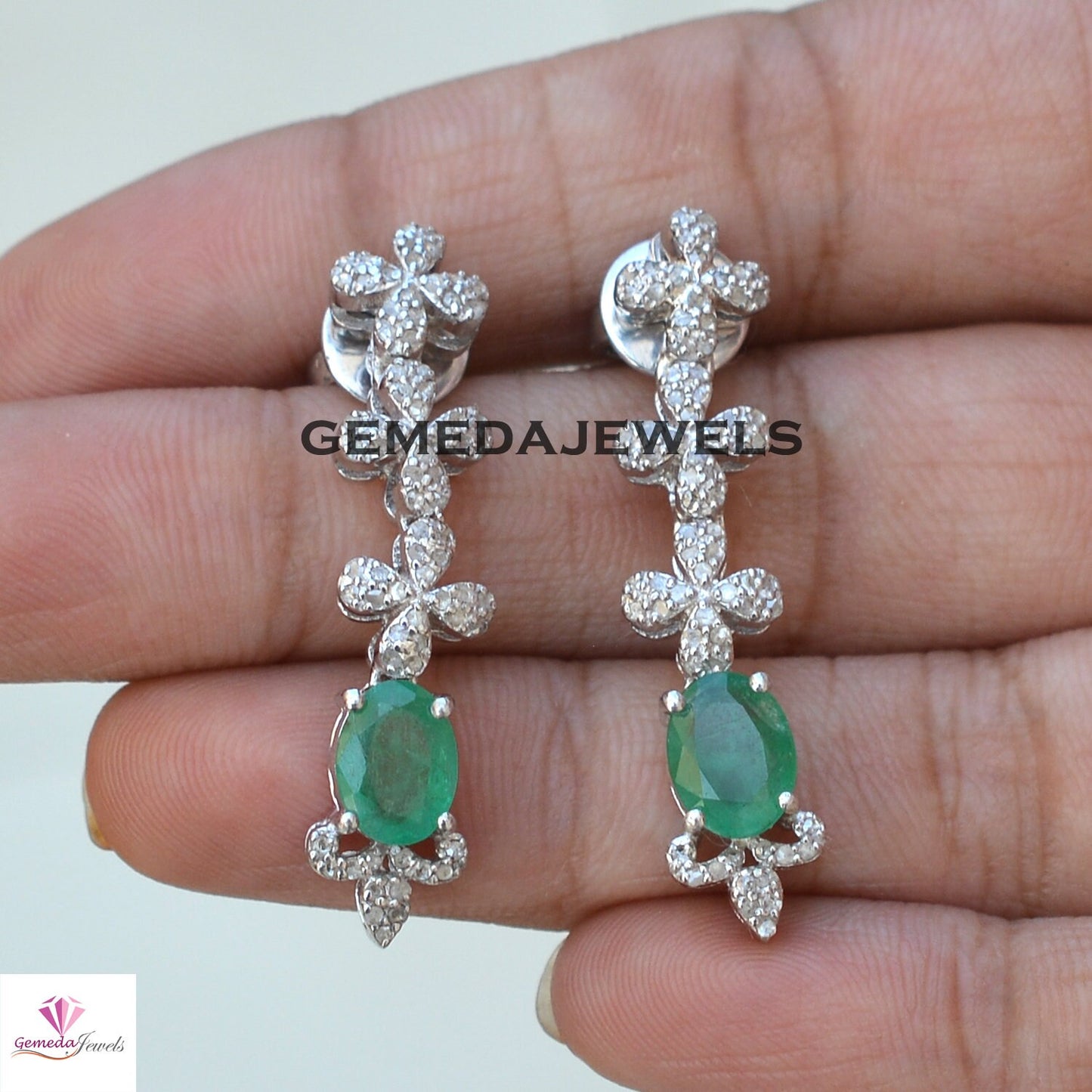 Beautiful Emerald Necklace, Pave Diamond Jewelry, Emerald Necklace Earrings Jewelry Set, 925 Silver Jewelry, 18" Necklace Earrings Set, Gift