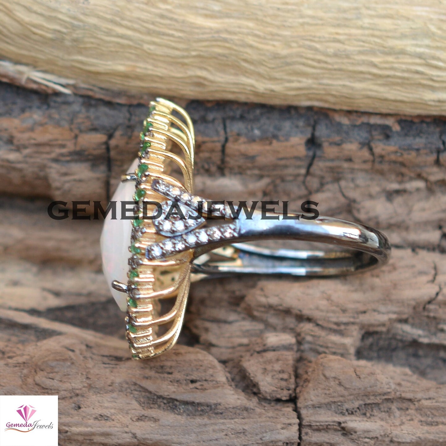 100% Genuine Opal Gemstone Ring, 14k Gold Vermeil Ring, 925 Silver Jewelry, Emerald Diamond Ring, Baguette Diamond Ring, Engagement Jewelry