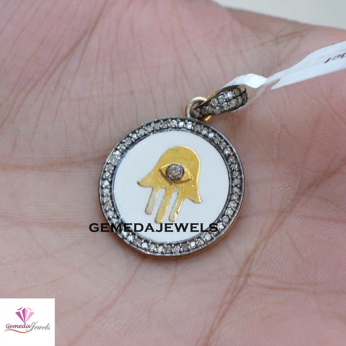 Sale! Genuine Pave Diamond Hamsa Pendant, Round Pendant Jewelry, 16" Link Chain Necklace, 925 Silver Jewelry, 14k Gold Vermeil Pendant, Gift
