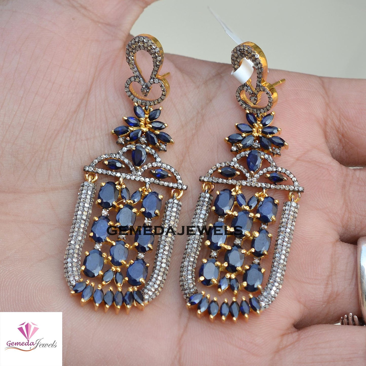 Sale!! Dazzling Blue Sapphire Earrings, Pave Diamond Earrings, 925 Silver Earring, 14k Gold Vermeil Jewelry, Designer Earrings Jewelry, Gift