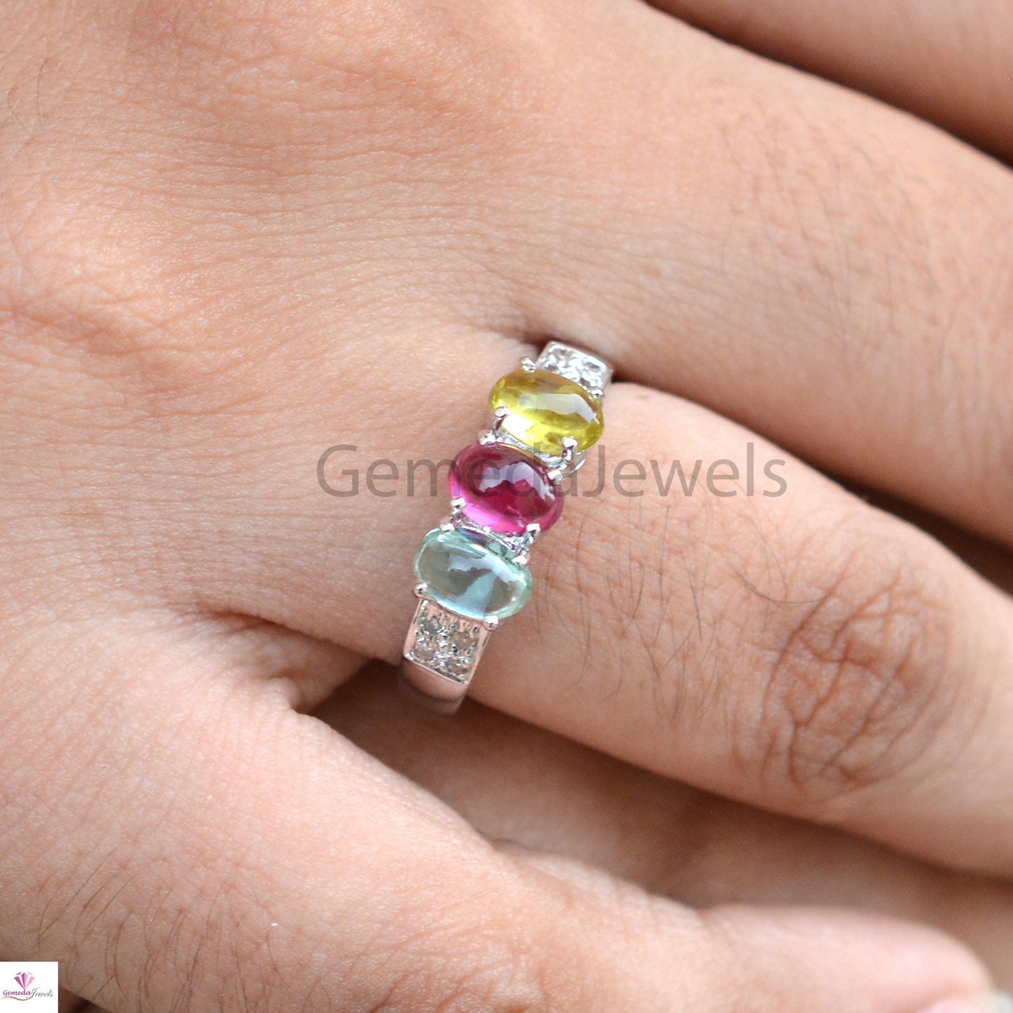 Multi Tourmaline Gemstone Ring, Oval Shape Gemstone, Pave Diamond Ring, 925 Sterling Silver Jewelry, Stacking Ring, Anniversary Gift For Her