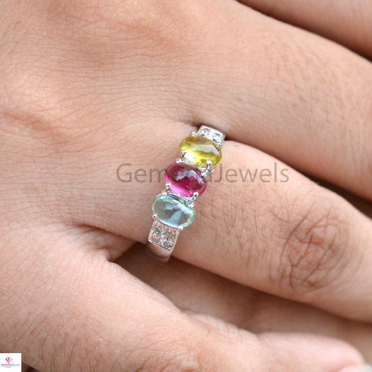 Multi Tourmaline Gemstone Ring, Oval Shape Gemstone, Pave Diamond Ring, 925 Sterling Silver Jewelry, Stacking Ring, Anniversary Gift For Her