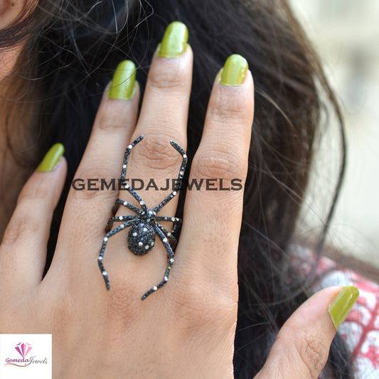 Black Spinel Spider Ring, Pave Diamond Ring, Black Rhodium Silver Ring, 925 Sterling Silver Ring, Women's Ring Jewelry, Gemstone Spider Ring
