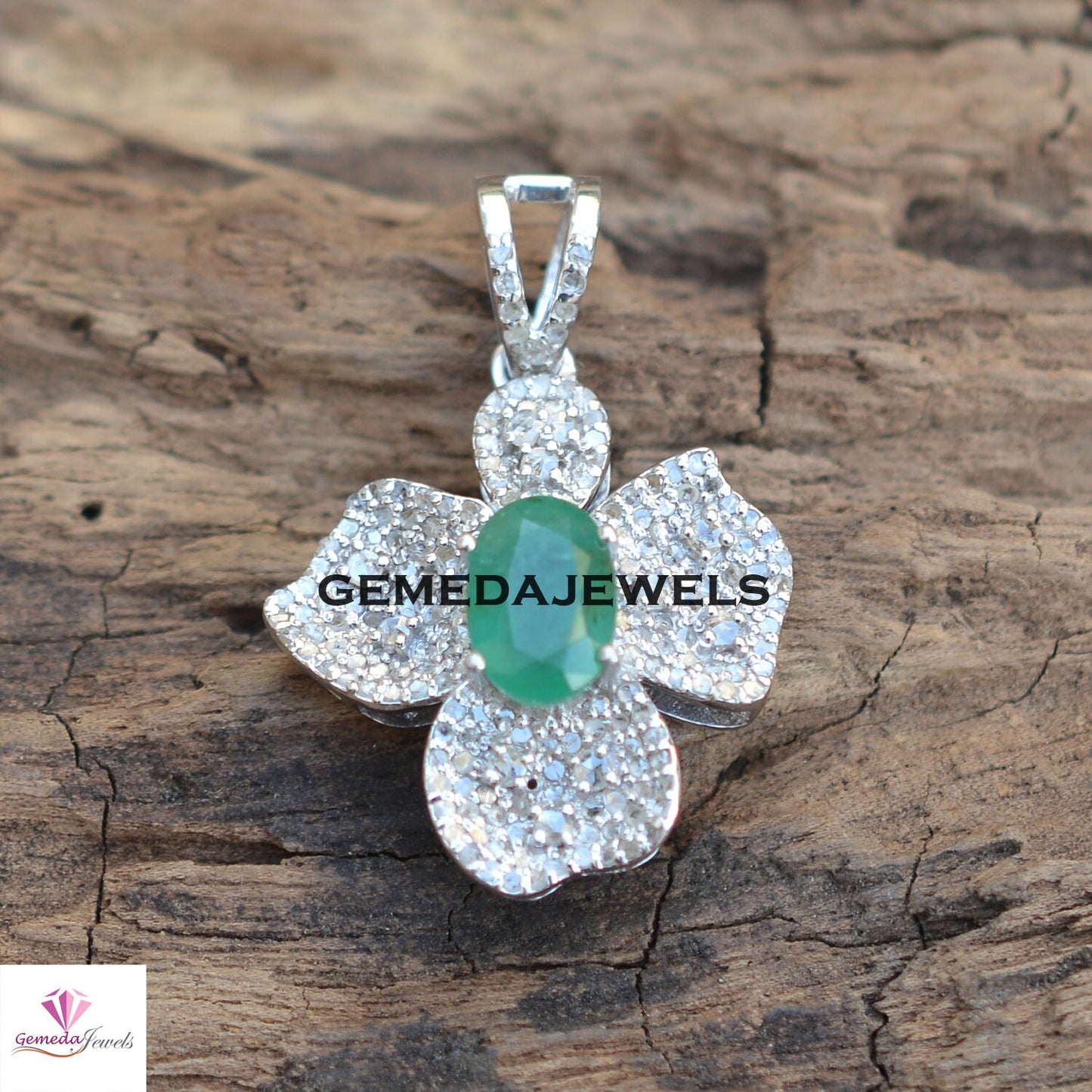 Genuine Emerald Pendant, Pave Diamond Jewelry, 925 Sterling Silver Pendant, Flower Pendant Jewelry, 16" Link Chain Necklace Gemstone Jewelry