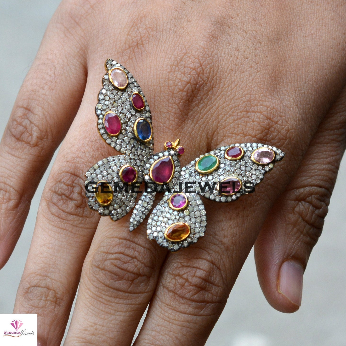 Multi Gemstone Ring, Diamond Butterfly Ring, Gemstone Butterfly Ring, 925 Silver Jewelry, Gold Vermeil Ring, Pave Diamond Jewelry, Wedding